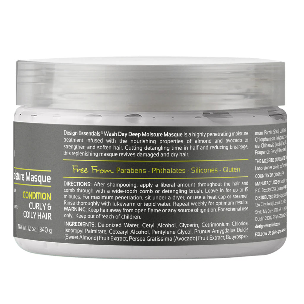 Design Essentials Almond & Avocado Wash Day Deep Moisture Masque 12oz back label