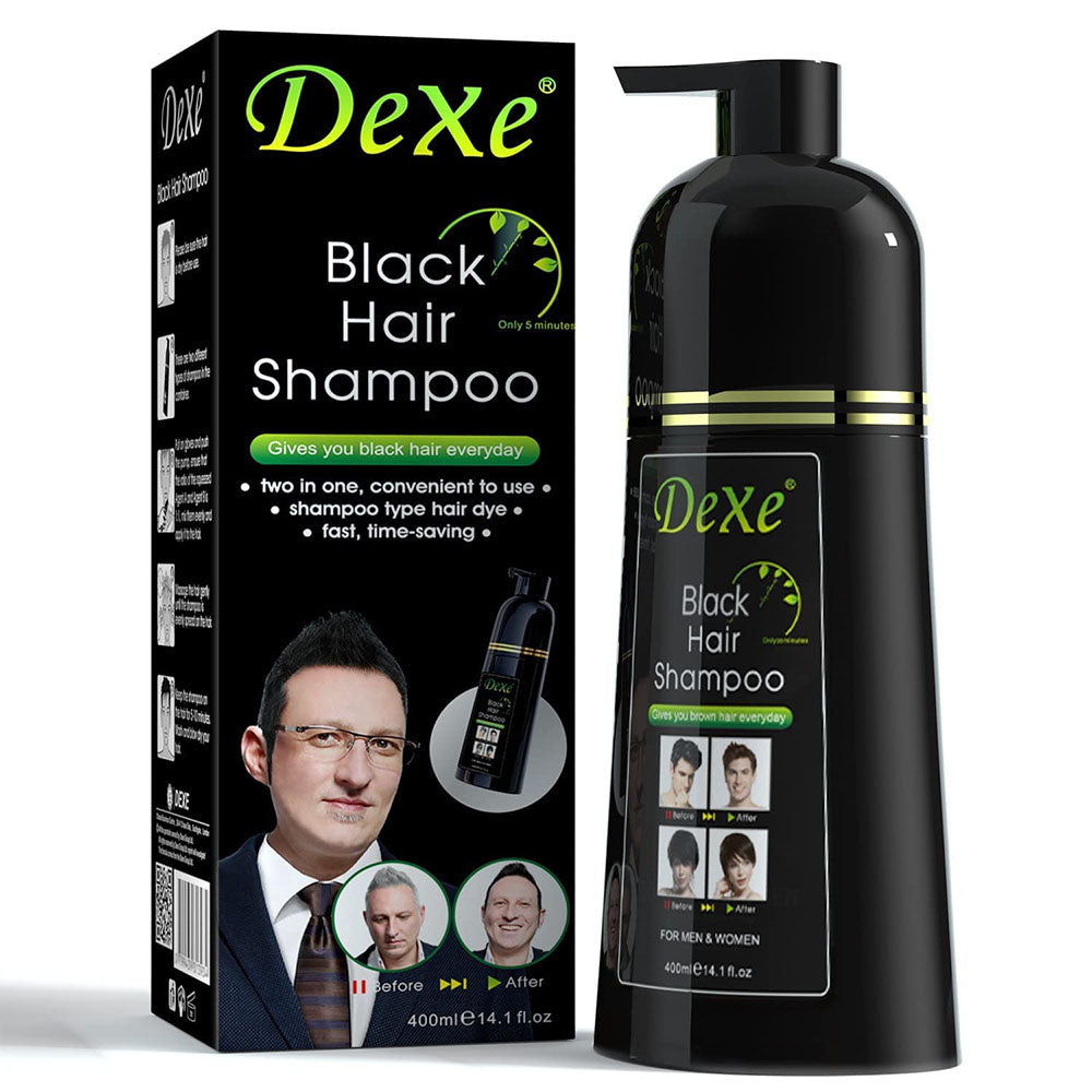 Dexe Black Hair Dye Shampoo for Instant Grey Coverage in use