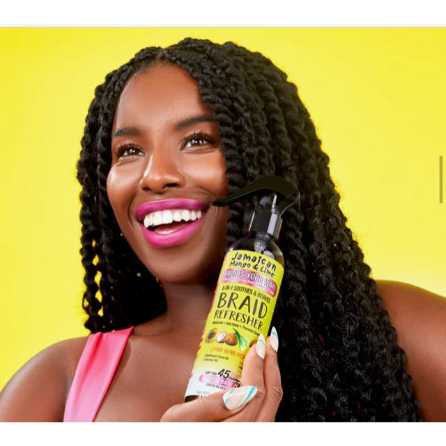Jamaican Mango & Lime Braid Refresher spray bottle showing 6-in-1 benefits | TJ Beauty UK