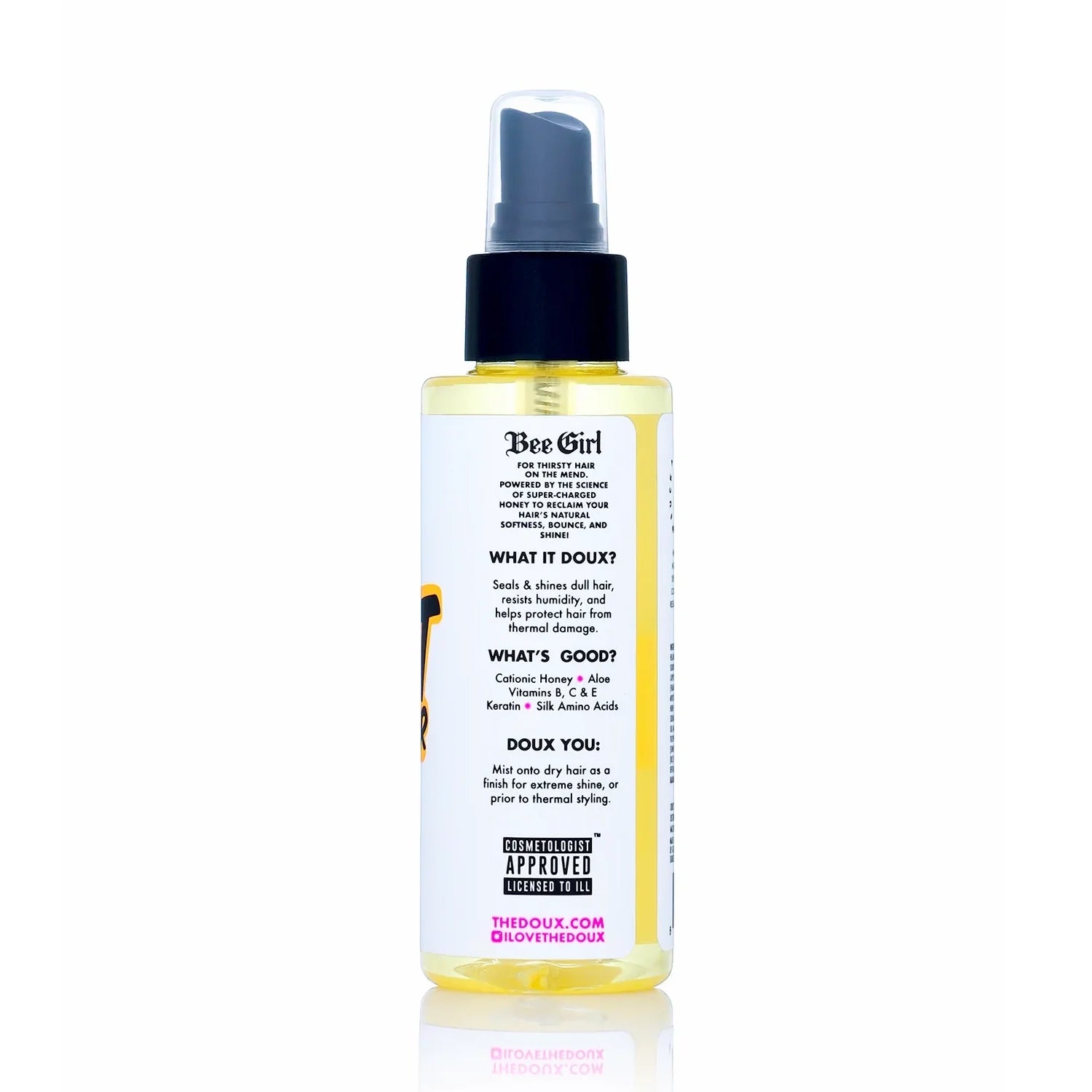 The Doux Mist Demeanor Honey Shine Mist 4oz Humidity Lockdown Spray in use