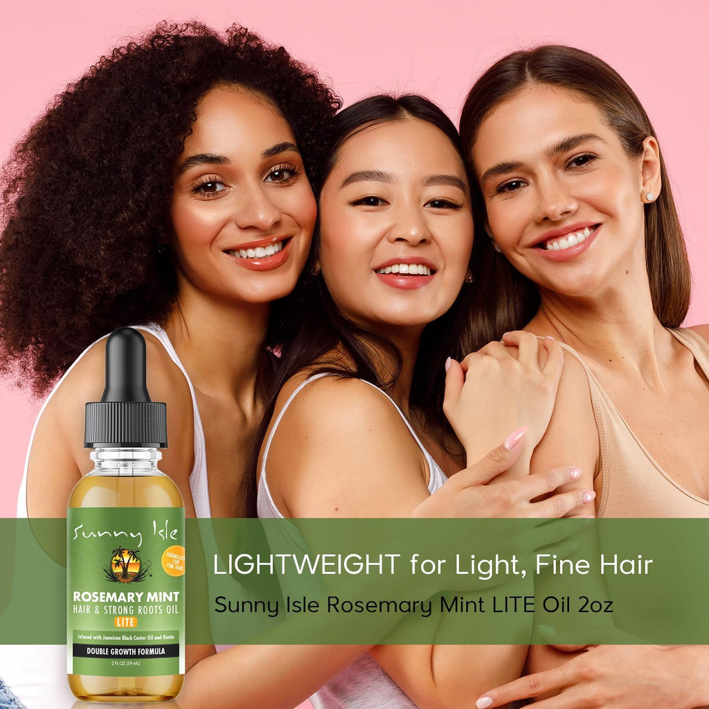 Three women with a bottle of Sunny Isle Rosemary Mint LITE Oil 